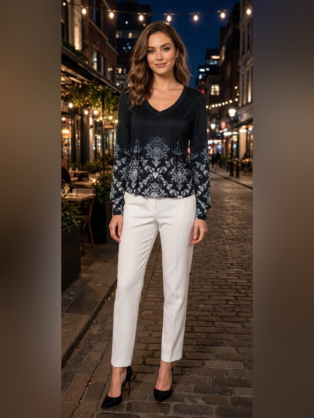 🔥2/$4 Women's Black V-Neck Long-Sleeve Blouse with Gray Damask Accent